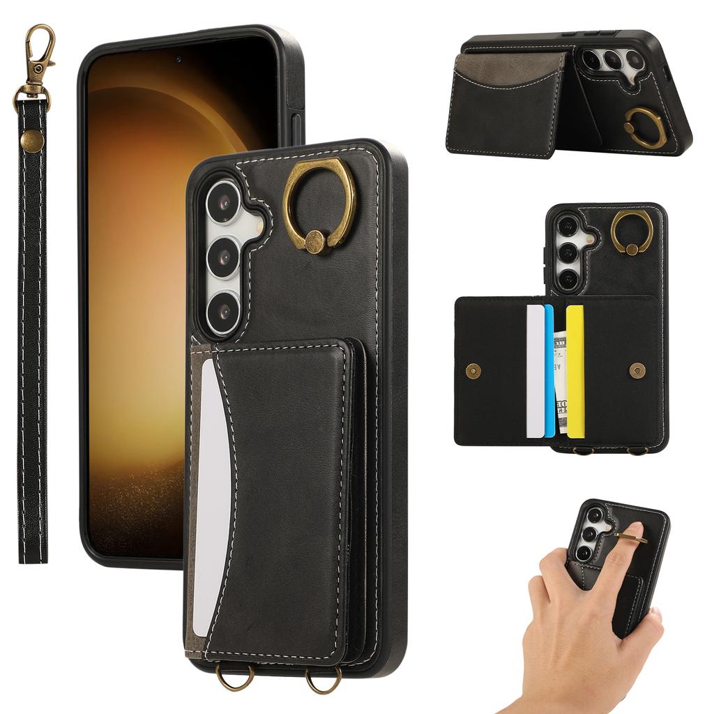 For Samsung Galaxy S24 PU Leather Back Case Card Holder Kickstand Phone Cover with Wrist Strap