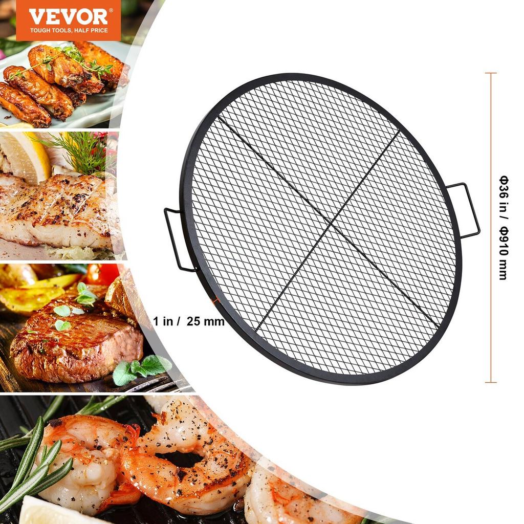 Griglia per Focolare X-Marks, Griglia Rotonda da Cottura, Griglia Robusta in Acciaio per Brace da Campo BBQ con Manico e Supporto a Filo X, Utensili da Cucina Portatili per Campeggio