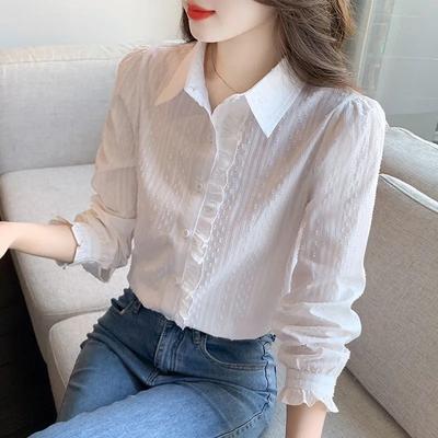 Fungus Single-breasted Women's Shirt Spring and Autumn New Loose Thin Top Lapel Long-sleeved High-end Shirt