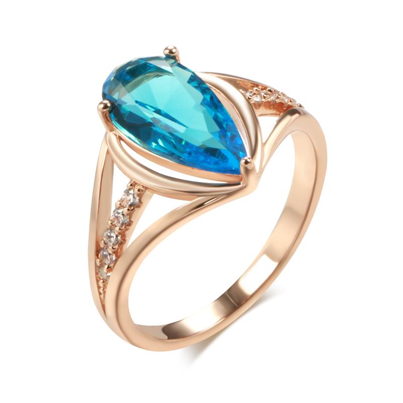 Luxury Blue Zircon Big Rings for Women Fashion Water Drop Gold Color Accessories Wedding Jewelry