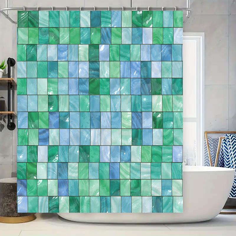 

Green Blue Bath Mat Home Decor Shower Curtain Waterproof Fabric Bathroom Accessories for Bathtub Toilet Stickers Square Pattern 90x180cm