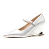 75007 [sheepskin] Silver High Heels Women's Wedge Heel New Pointed Temperament Word with Commuter Splicing Single Shoes