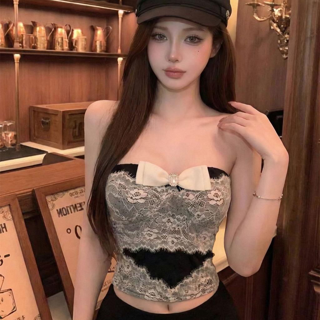 Summer new sweet and spicy style lace splicing bow tube top women's design sense slim and thin versatile top