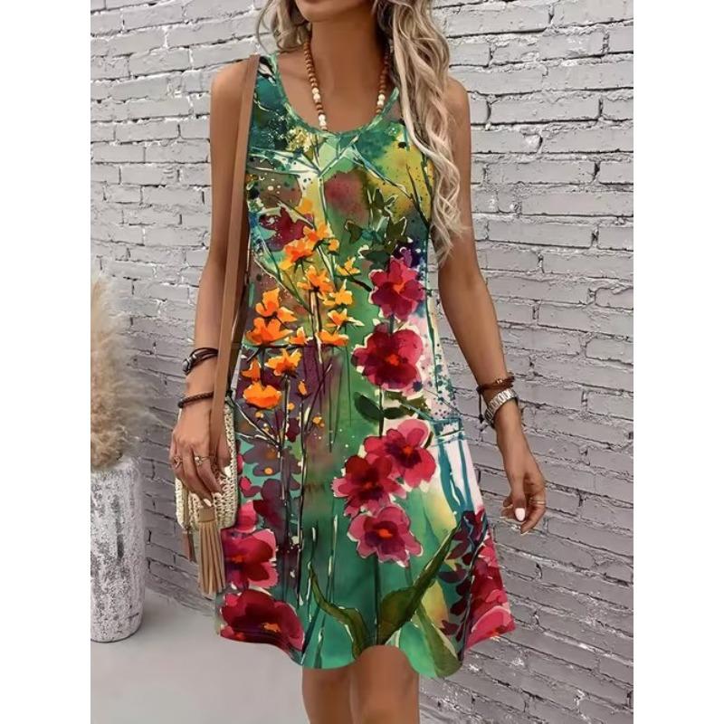 Women's Floral Pattern Printed Sleeveless Round Neck Dress Loose Soft and Comfortable Plus Size Dress