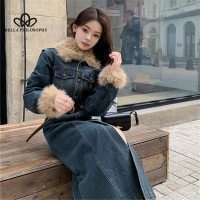 Iarnă Nou Guler Păr Îngroșat Bumbac Denim Rochie Femeie Talie Retro Manta Lungă A-line Stil Casual
