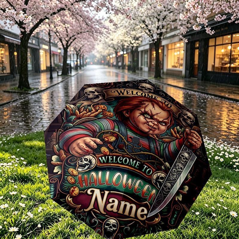Custom Name Personalized Horror Theme Chucky Print Umbrella, Auto Open Close, 8‑Rib Sturdy Frame, Commute Camping Hiking Use, Birthday Gift