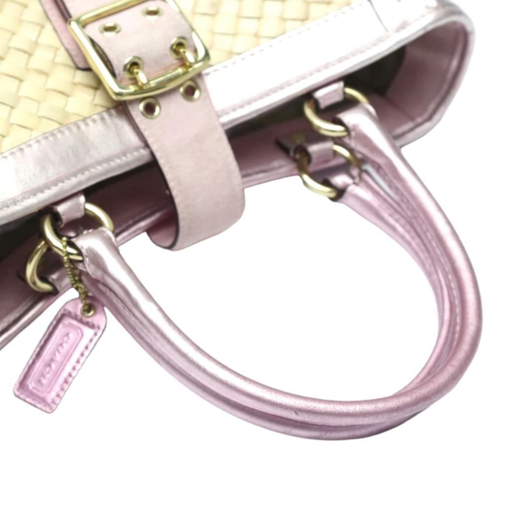 COACH basket straw Handbag leather Pink x Beige Women 4419 Used