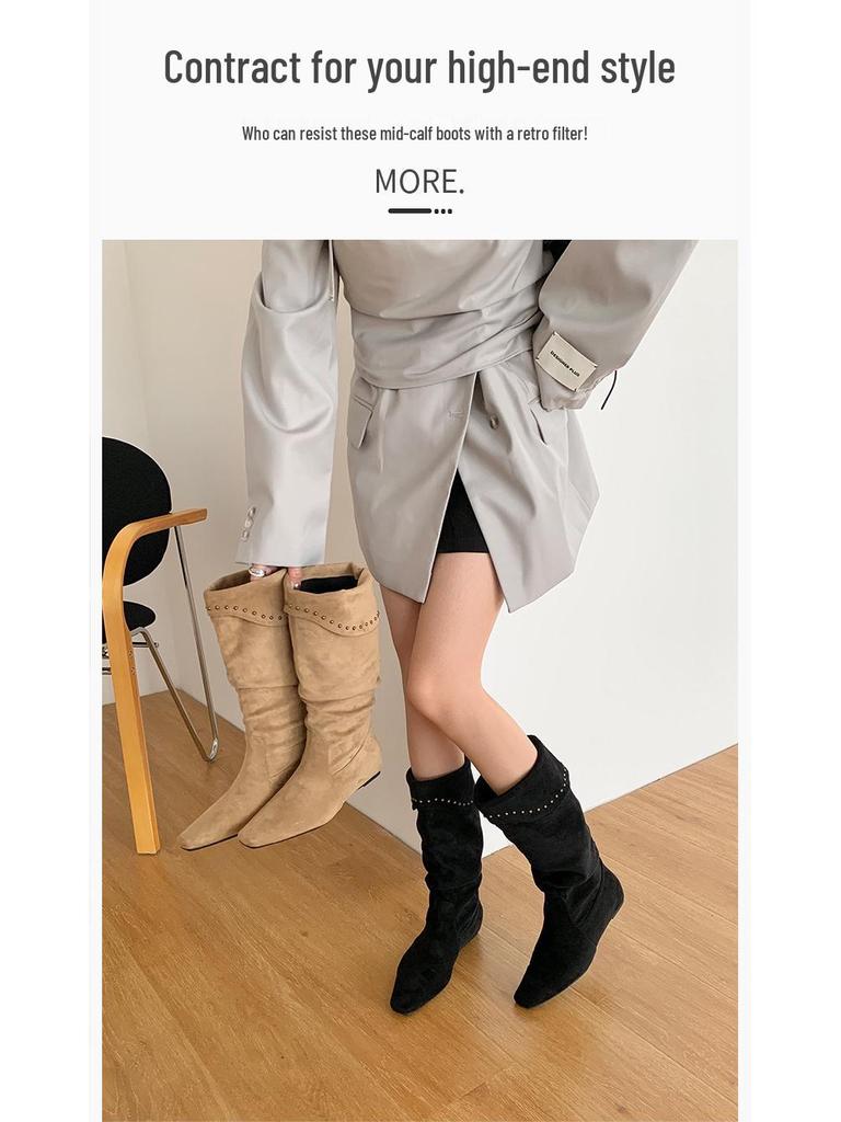 Lammleder Französische Nische Spitz Zehen Keilabsatz Slouch Cowboy Stiefel Damen 2025 Hohe Stiefeletten