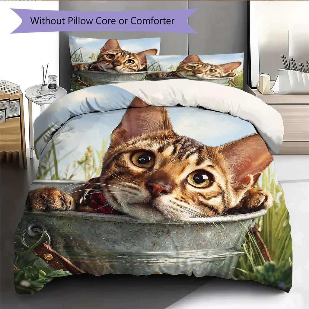 Bengal Cat and Grassland Pattern Bedding Home Decoration Birthday Gift (1 * Duvet Cover + 2 * Pillowcase, Without Core)
