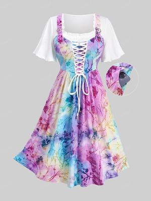 Rosegal Plus Size Lace Up Tie Dye Flocking Flowers Ruffles Pocket Jacquard Ribbed Textured Dress