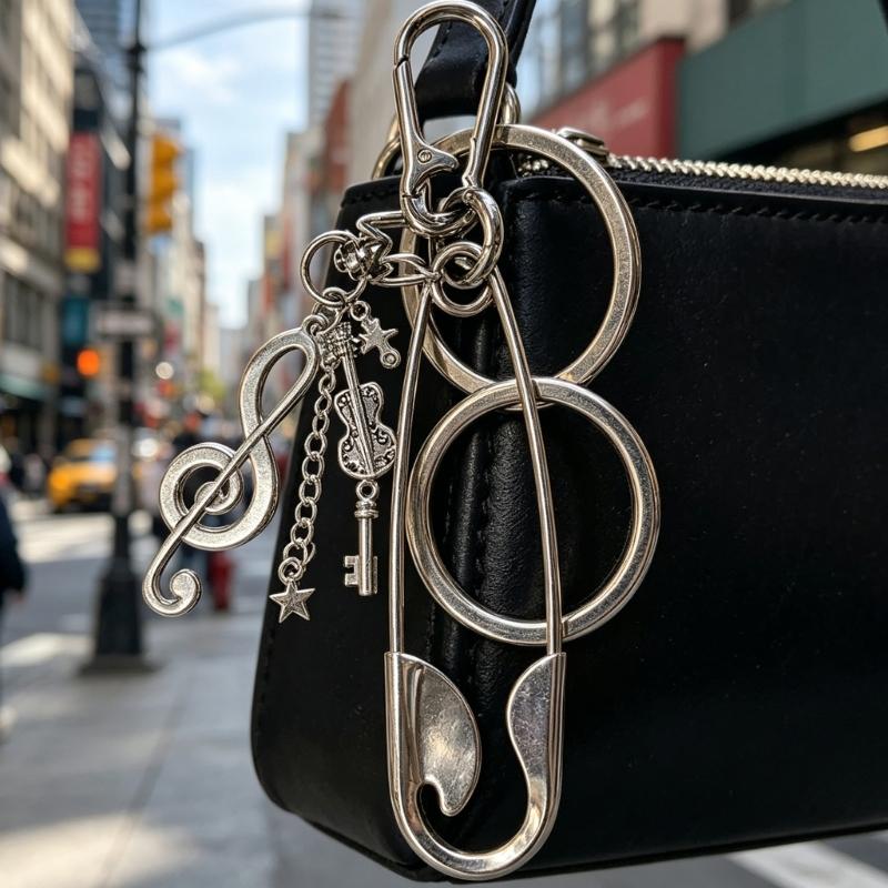 Safety Pin Keychain Charm Stainless Steel Bag Accessory with Decorative Pendant for Daily Carry and Backpack Accent