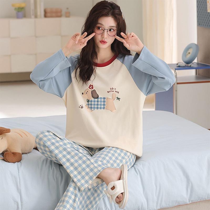 Pajamas Women's Spring and Autumn Thin Long-sleeved Trousers Cute Cartoon Girl Raw Loungewear Casual Suit