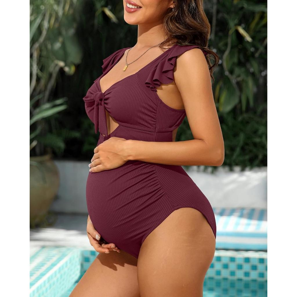 CHARMLEAKS Umstandsbadeanzug mit Rüschen für Damen, gerippter Umstandsbadeanzug mit Knoten, Cutout, gerüschte Schwangerschaftsbademode