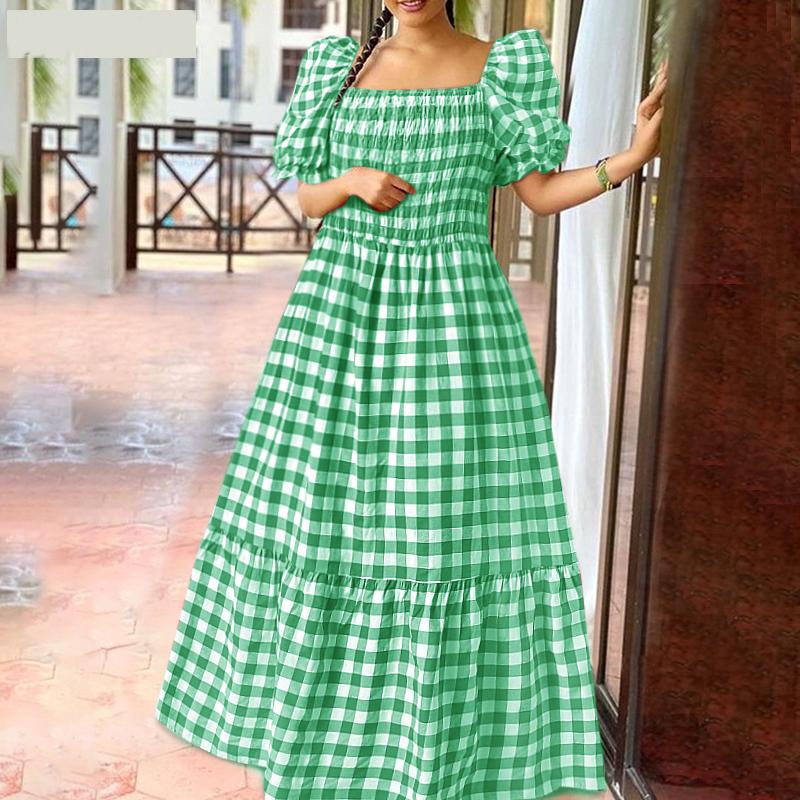 Talla Grande Verano Vestido Largo Estampado a Cuadros con Manga Abullonada para Mujer con Hombros Descubiertos Vestido de Verano Plisado