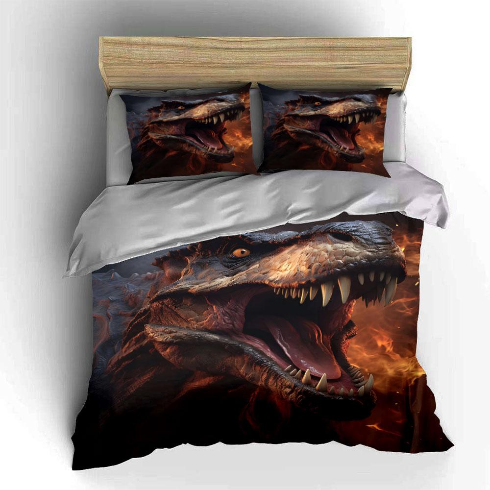 Roaring Dinosaur with Fiery Backdrop Print Bedding Set 1Duvet Cover 2 Pillowcases for Adult and Children Luxury Gift Full Size