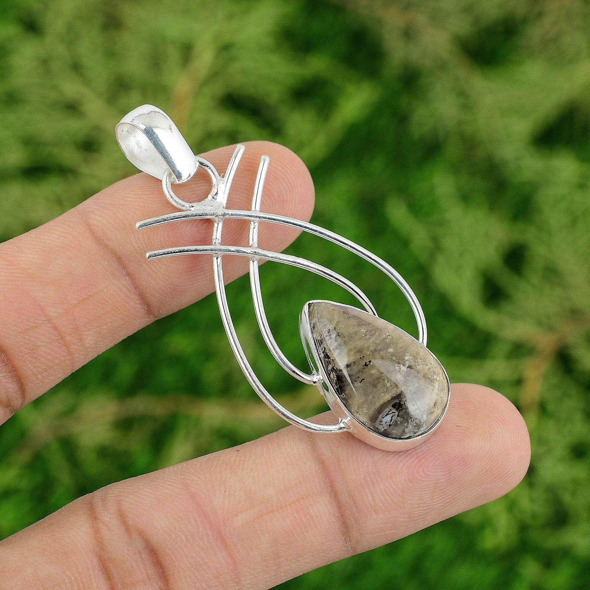 

Friendship Day Deal Sterling Silver Pear Plume Agate Gemstone Handmade Pendant