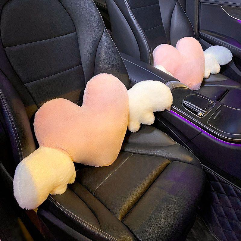 Cute Pink Heart Angel Wing Car Neck Pillow Lumbar Pillow Soft Plush Comfortable Car Seat Cushion Car Seats Interior Decoration