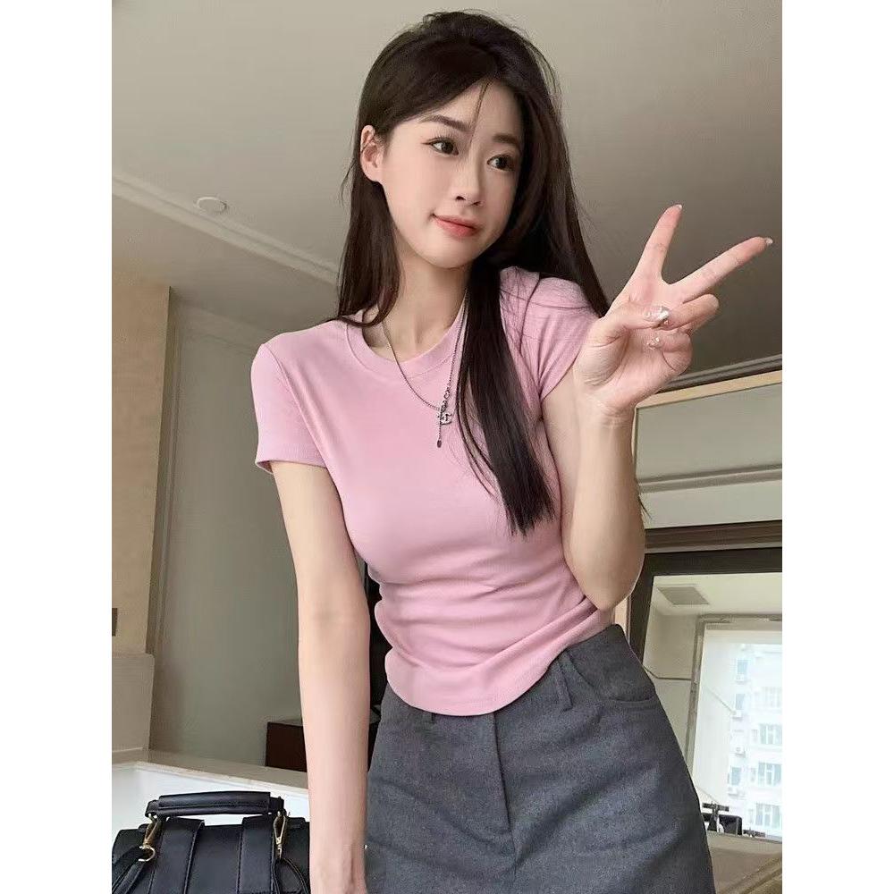 Spring and Summer New South East Asia Hot-selling Solid Color Slim-fitting Short-sleeved Women's White Bottoming Shirt Top