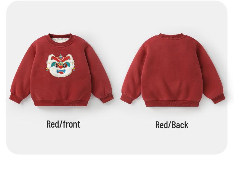 Europäisches Jungen-Sweatshirt mit rotem Fleece-Futter für Neujahr - Herbst Winter Kinderkleidung