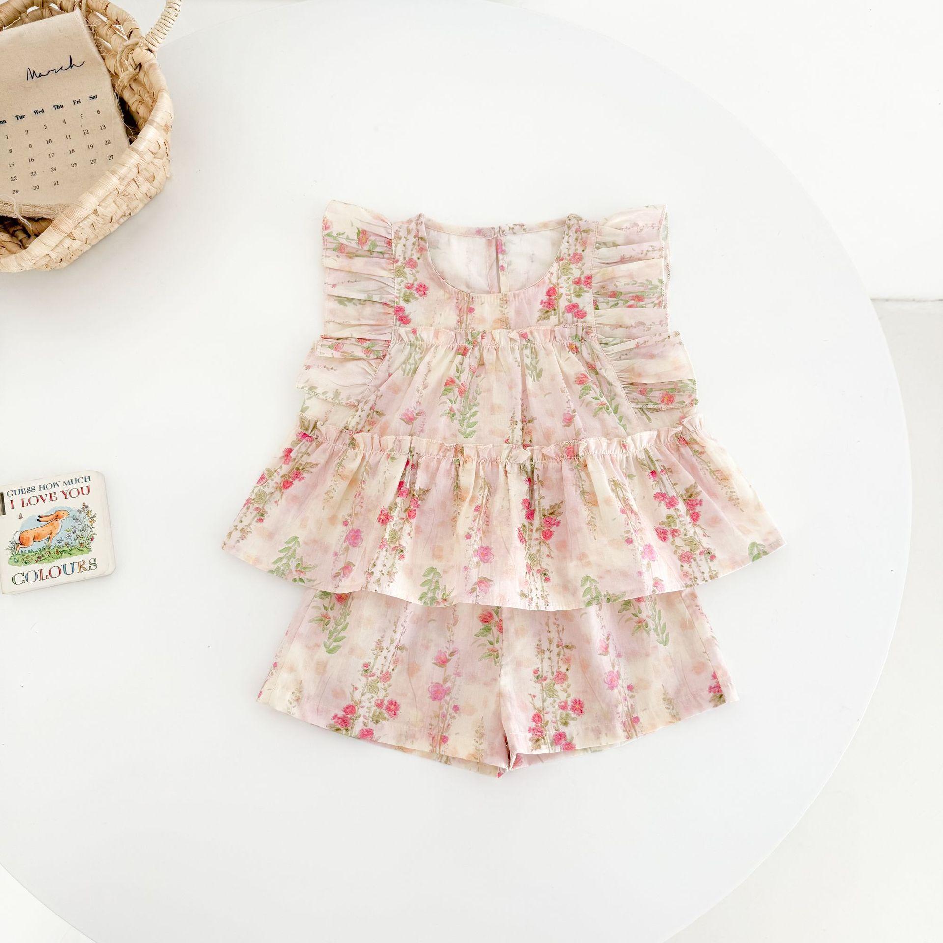 Summer Girls Floral Ruffle Cap Sleeve Top And Sweet Shorts Set Stylish Two Piece Outfit For Kids 80cm