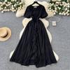 French High-end V-neck Bubble Sleeve Three-dimensional Flower Waist Ruffle Edge Chiffon Dress Women's Elegant Long Skirt
