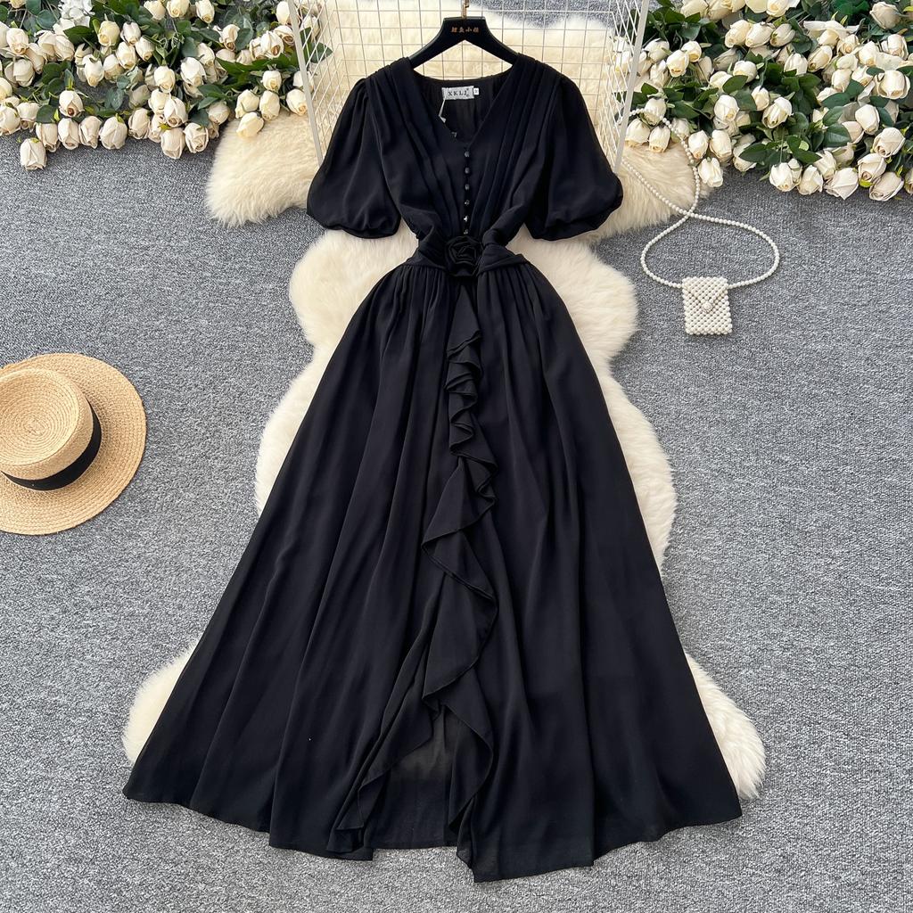 French High-end V-neck Bubble Sleeve Three-dimensional Flower Waist Ruffle Edge Chiffon Dress Women's Elegant Long Skirt