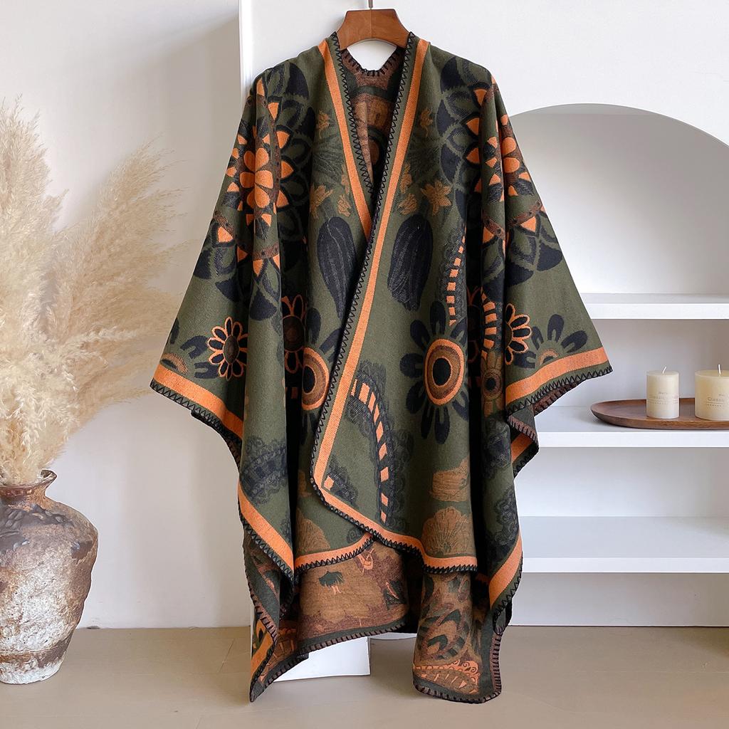 Fashion Women'S Winter Warm Cashmere Shawl - Floral Oil Painting Printed Pashmina Thick Wrap, Poncho & Echarpe