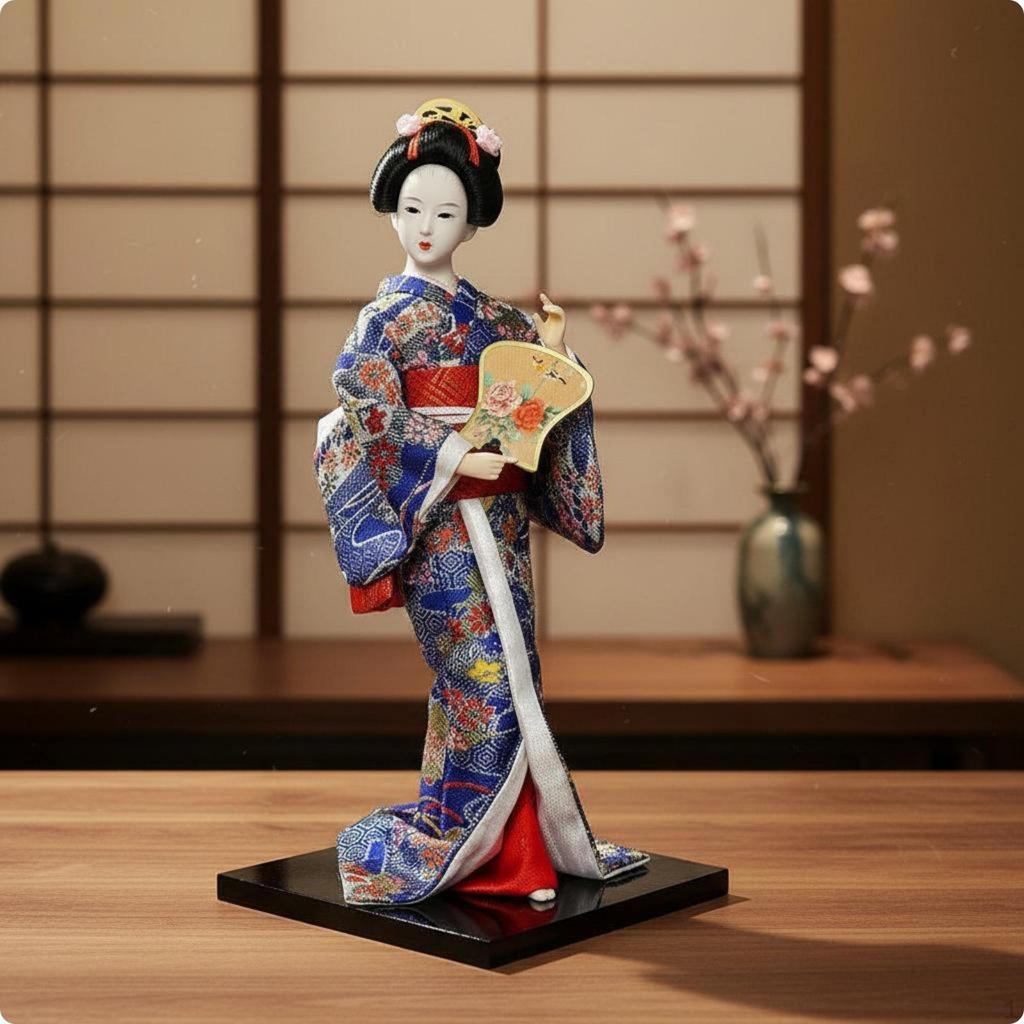 Japanische Geisha-Puppe Details Traditionelle Figur Handgefertigte Seidenstatue für