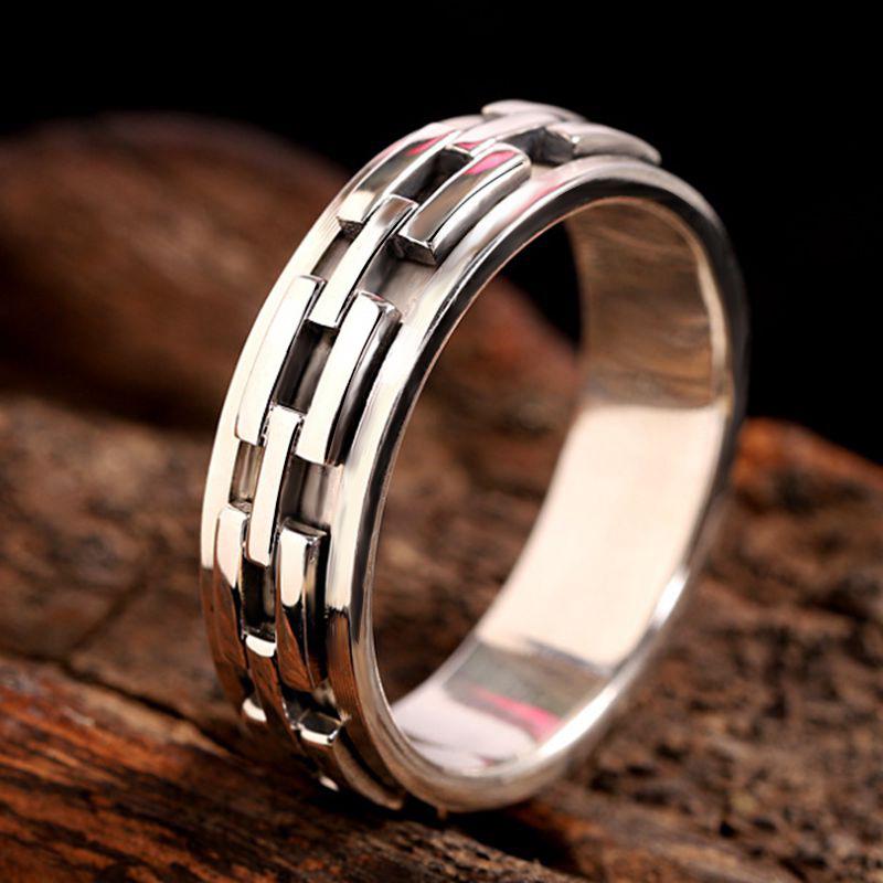 Men s Rotatable Geometric Pattern Thai Silver Ring - Aged S925 Sterling Silver