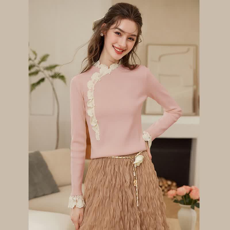 French Elegant High-Neck Lace Pearl Knit Sweater L розовый