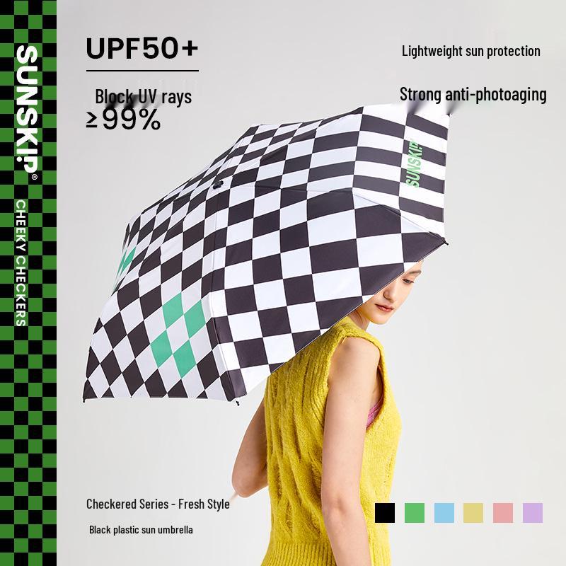 

SUNSKIP Ultralight Checkered Sunshade: Sunbeam 6-Rib Tri-fold Umbrella with Black Glue Anti-UV Sunscreen. Diameter 95cm світло-фіолетового кольору