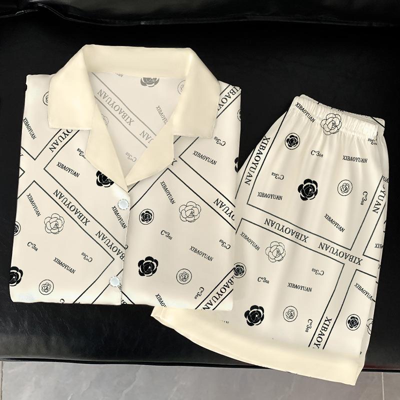 High-End Letter Ice Silk Pajamas Women'S Summer Small Fragrant Wind Flower Short-Sleeved Loungewear Set