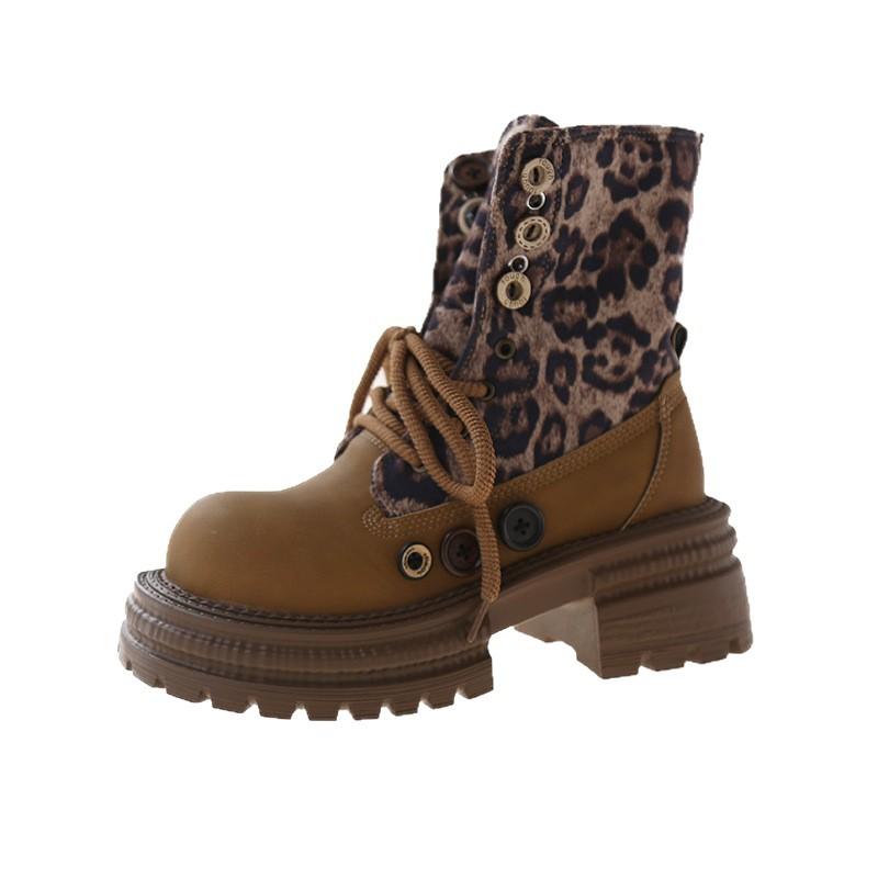 Real Soft Leather Thick-soled Martin Boots Women's 2025 Autumn and Winter New Leopard Print Locomotive Boots Velvet Short Boots Retro Slim Women's B