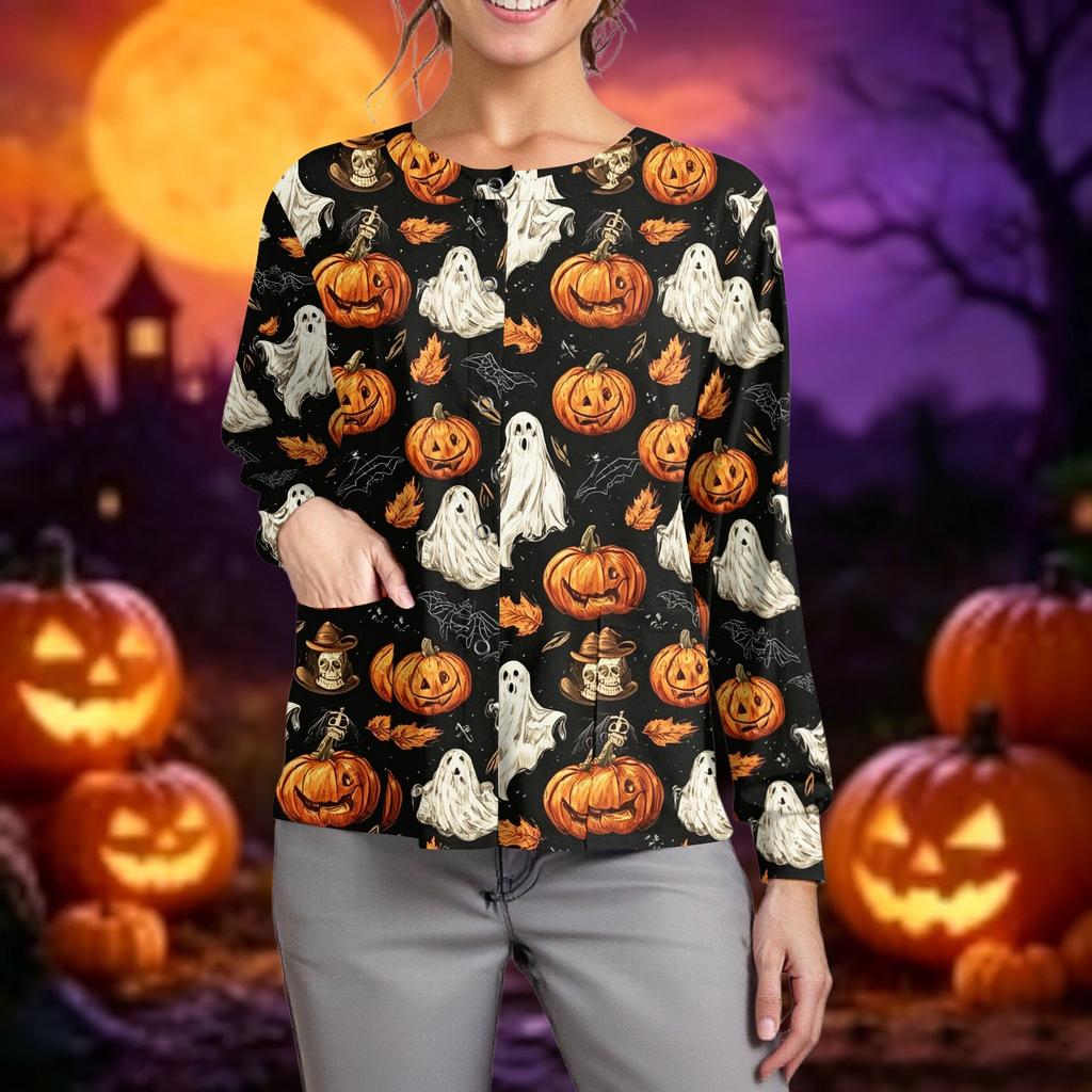 Women Long Sleeve Button Front Cardigan Halloween Print Lightweight Casual Workwear Cover Up Shirt for Caregivers and Daily Wear