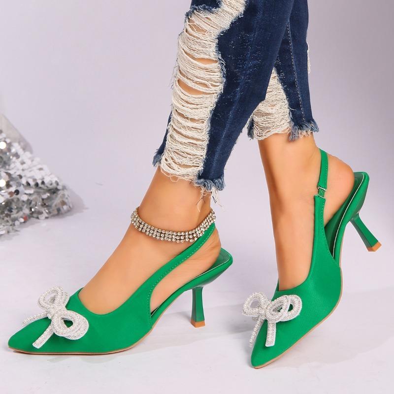 Plus Size Women Pointed Toe Pearl Bow Stiletto Buckle Back Strap High Heel Sandals