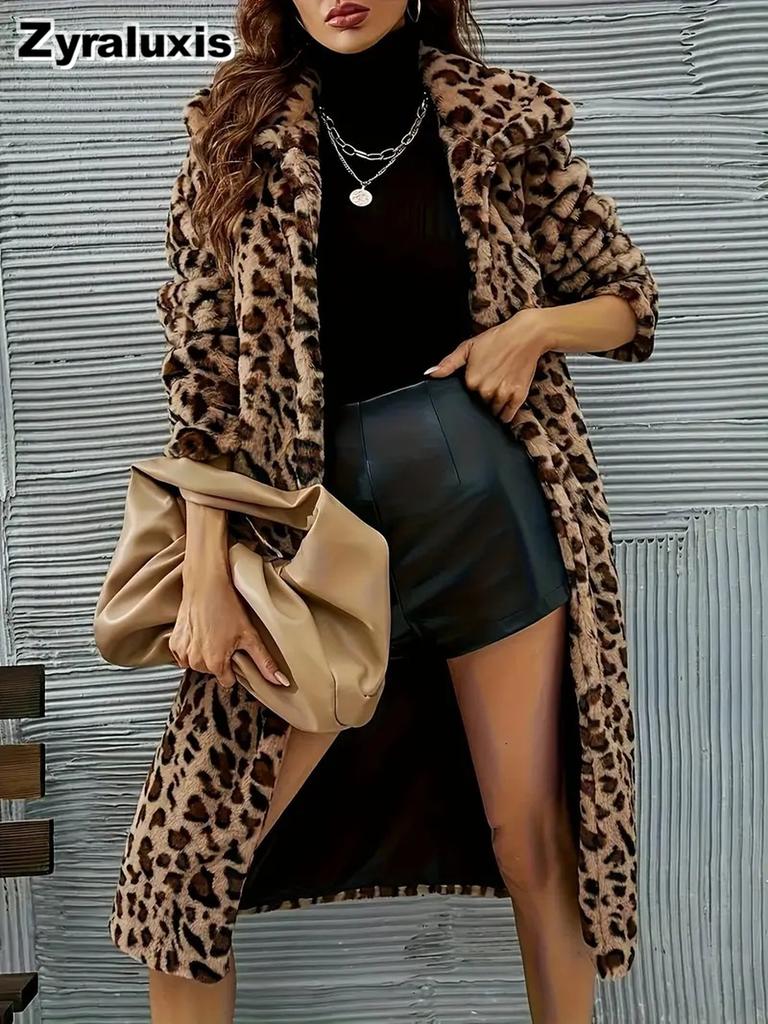 Women's Oversized Casual Long Fur Cheetah Print Coat Jacket Windbreaker