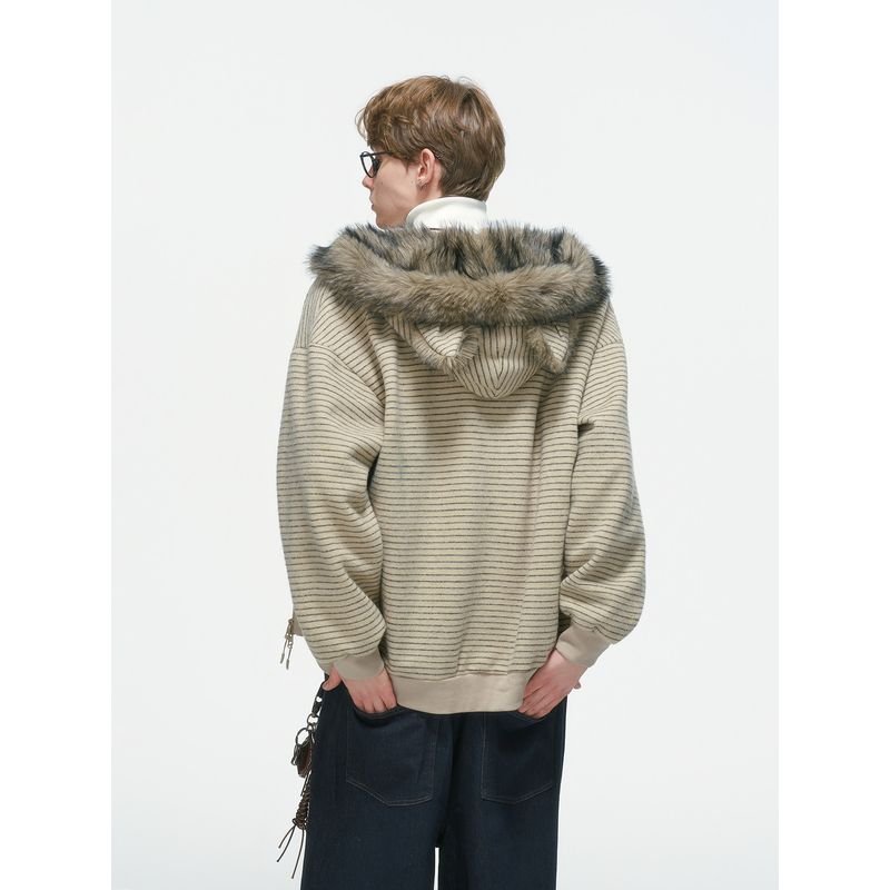 Dream Made Cat Ear Mountain Carving Jacket for Men, Winter Fleece-Lined Thickened Warm Couple Cotton Coat, Striped Cotton Jacket