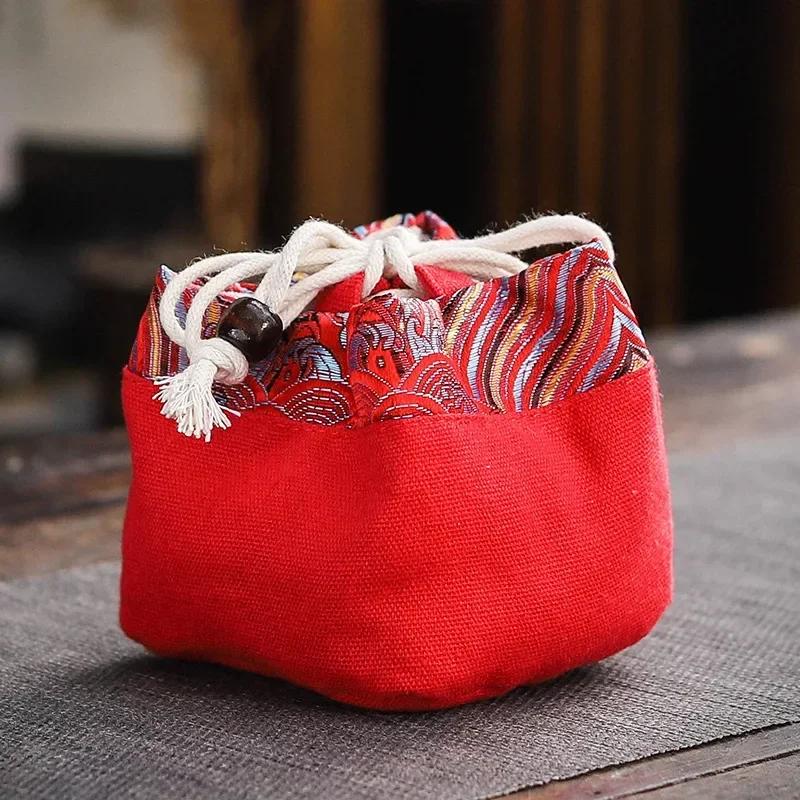 Vintage Teaware Storage Bag Outdoor Travel Ceramic Teacups Cotton and Linen Drawstring Cloth Bags Kung Fu Tea Accessories