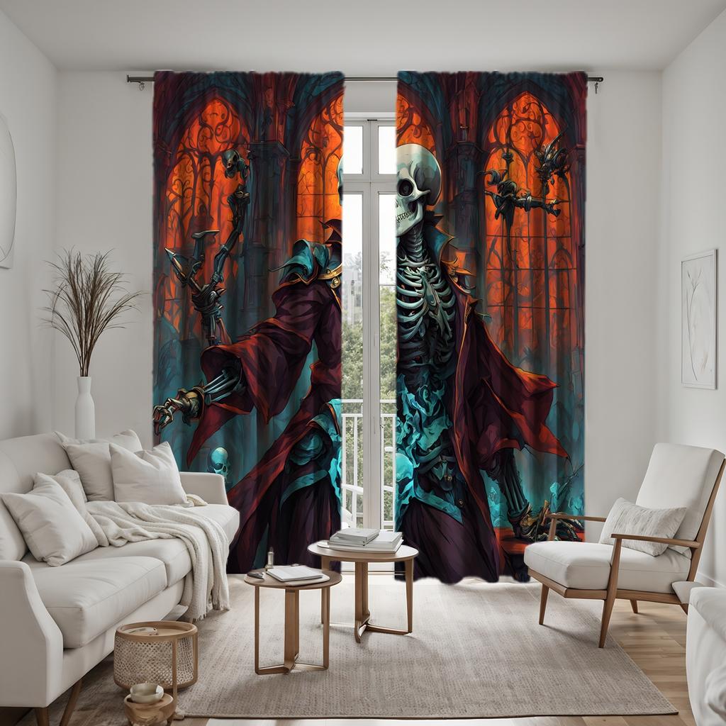 2pcs set HD Retro Dungeon Skull decorative curtain Blue tie digital printed curtain Home Decor style Decorated living Room Be