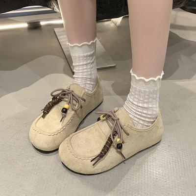 2025 Autumn New Fashion Tassel Lace-up Beaded Flat-soled Single Shoes Women's Shoes Boken Shoes Versatile Casual Single Shoes
