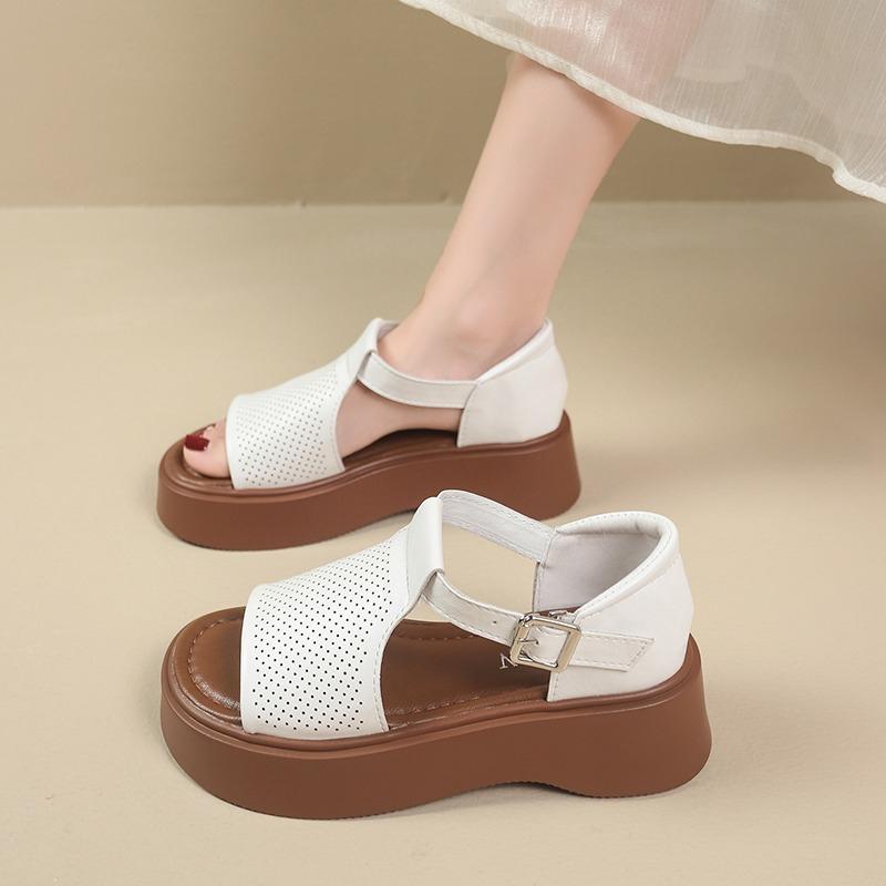 Fashion 2025 Women'S Leather Upper Plus Size Sandals Open Toe Roman Thick Sole Flat Sandals Hollow Breathable Comfort