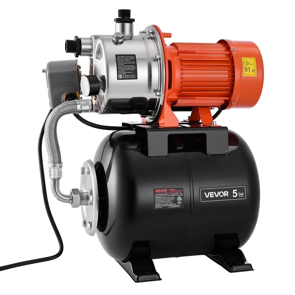 1,6 PS Flachbrunnenpumpe mit Druckbehälter, 230V 5000 LPH, Bewässerungs-Jetpumpe aus Edelstahl mit 19L Tank, Automatisches Wasserfördersystem, 1,4-2,8
