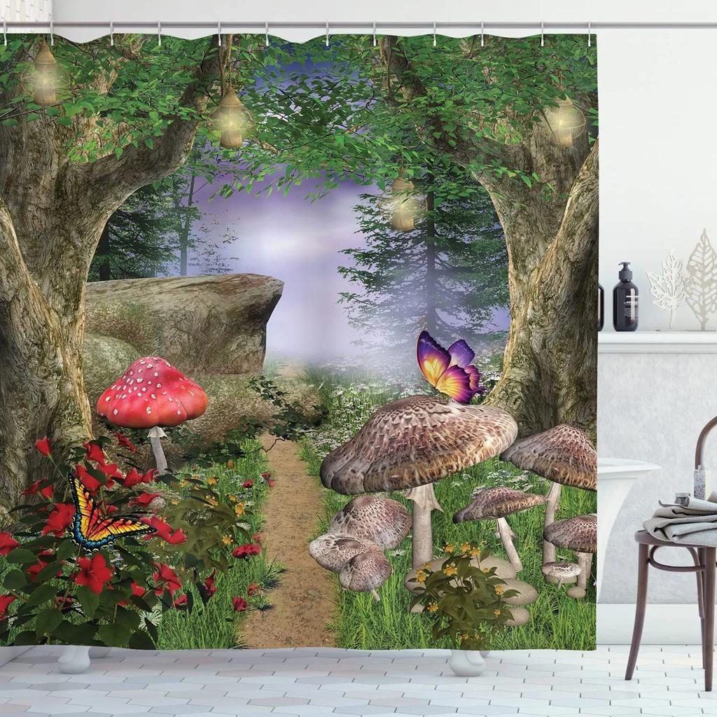 Nature Shower Curtains Stream Flowing in Forest Mossy Rocks Trees Foliage Splash Landscape Fabric Bathroom Decor Set with Hooks