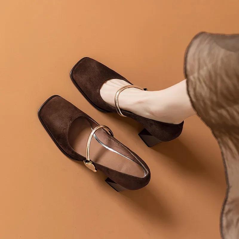 New Retro Square Toe High Heels With Metal Strap; Shallow Mouth Velvet Thick Heel Versatile Single Shoes For Skirts Heels Women