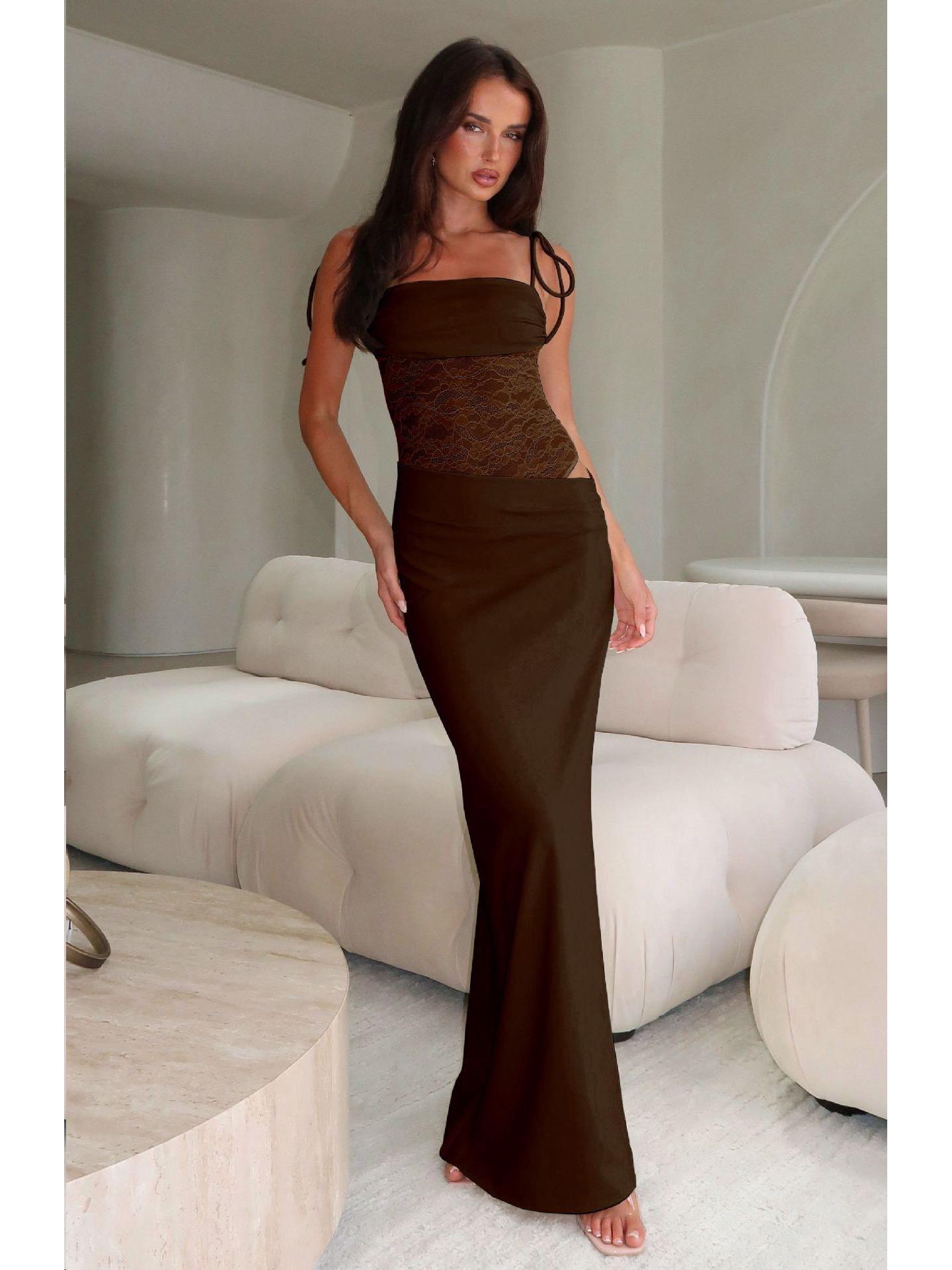 

Кружевное платье с открытыми плечами, на бретелях-спагетти, облегающего кроя, с разрезом и сексуальным лоскутным полупрозрачным дизайном Extra Small коричневый