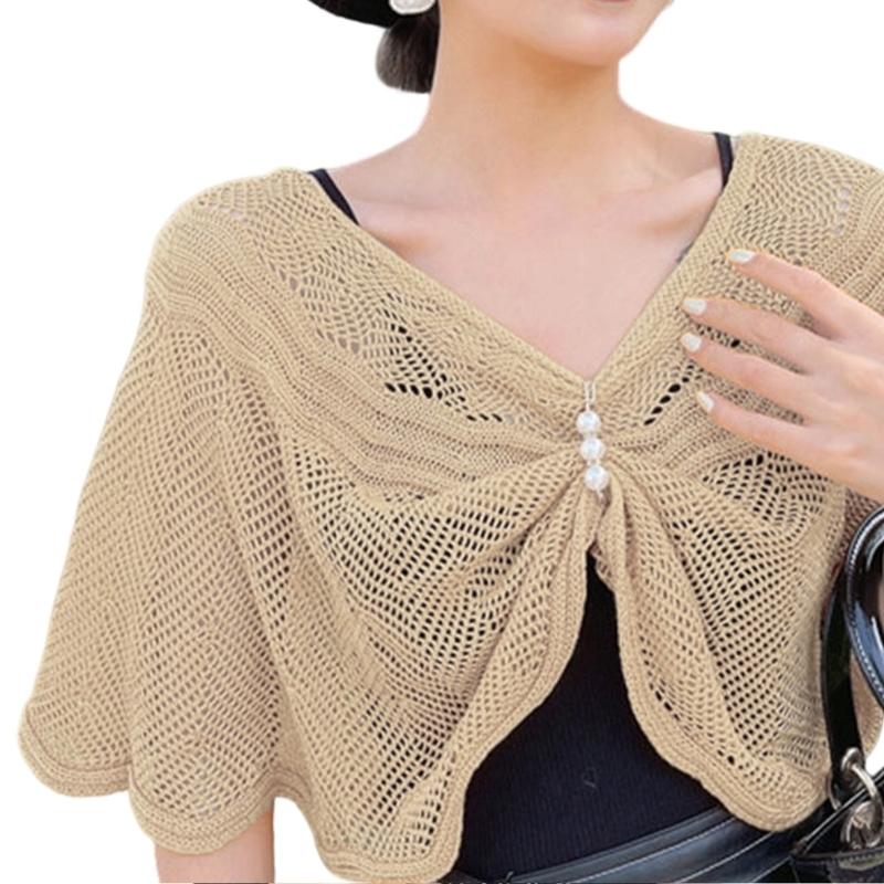 

Stylish Crochet Shawl Shoulder Wrap Capes Breathable Hollowout Collar For Women Elegant Layering Clothing Accessory бежевий