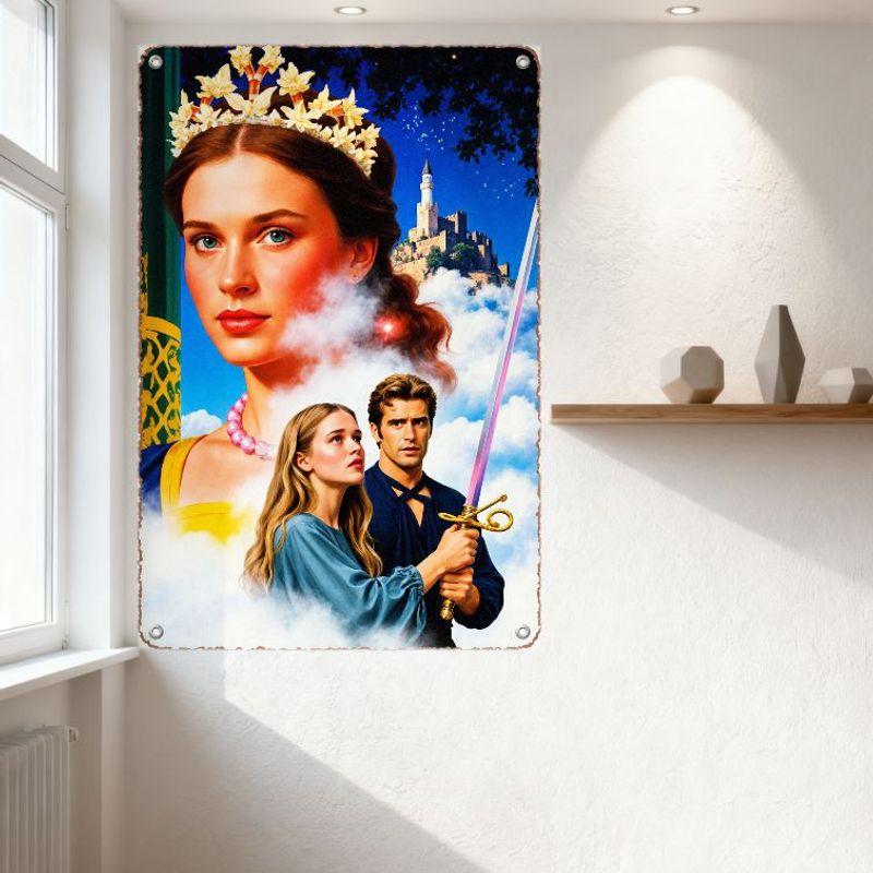 Fairy - Tale Castle Starry Sky Metal Tin Sign, Royal Crown Woman & Figures Adventure Storybook Art Plaque for Home Cafe Bar Wall