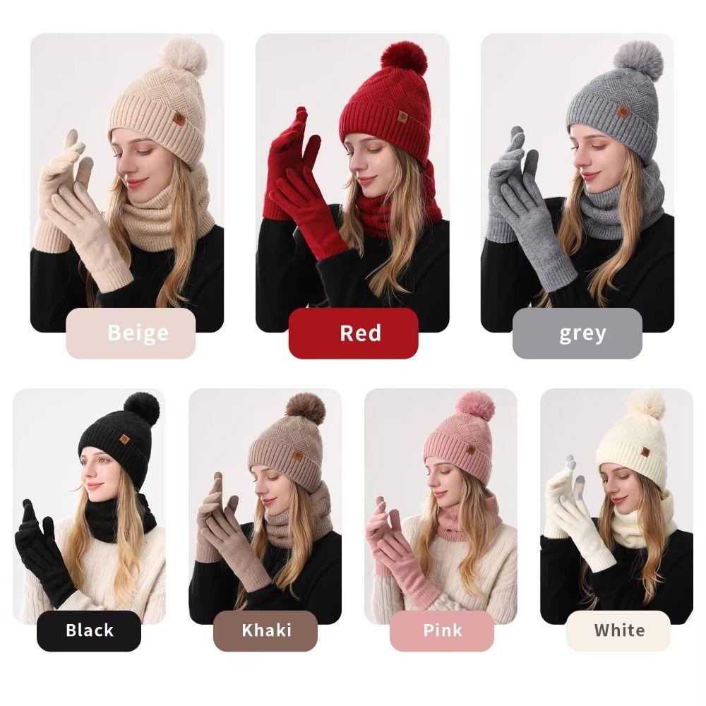 3pcs Wool Hat Scarf Gloves Set Solid Color Winter Beanie Hat Neck Warmer Thermal Knit Cap  Winter