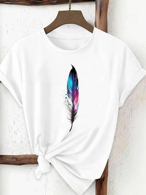 (Asian Size) Print Tee Feather Trend Style 90s Top Women Woman Fashion Clothing T Shirt  Female Short Sleeve Graphic T-shirts