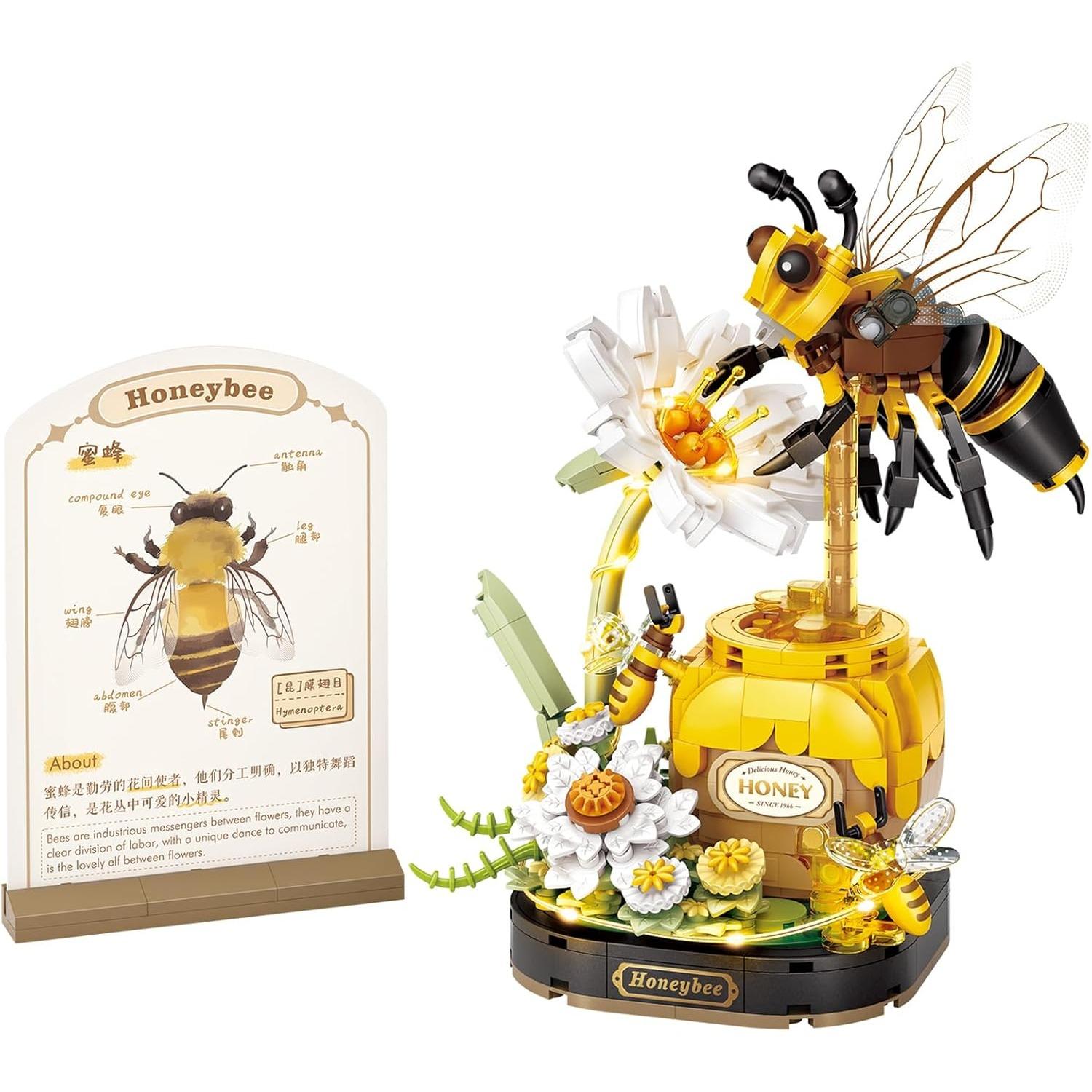 Insect Flower Building Blocks Set,Colorful Construction Building Bricks Toy with a Science Popularization Card,Creative Home Decoration (Honeybee) 01